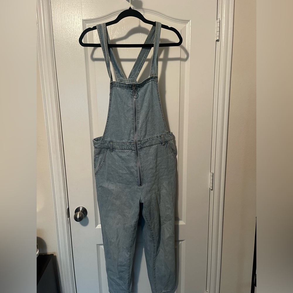 Light blue denim overalls with zipper